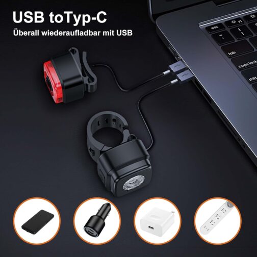 OnMeto Bicycle Light Set, IPX5 Waterproof Front Bicycle Lamp Rear Light Set, USB Type-C Rechargeable Bicycle Light Set for Bicycle – Bild 5