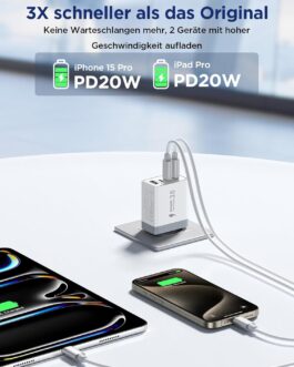 Pack of 2 USB C Charger, Aioneus 40 W 4-Port Plug USBC Adapter Multiple Type C Mobile Phone Power Supply for iPhone 16 15 Pro Max Plus XR SE iPad, Samsung Fast Charger USB-C Charging Plug Charger