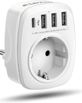LENCENT USB Socket, Multiple Plug EU Adapter, 5-in-1 Socket Adapter with 3 USB 2.4 A Charger Ports, 1 Type C 3 A Port, Wall Socket, Schuko 4000 W Power Adapter Plug with Child Lock, White