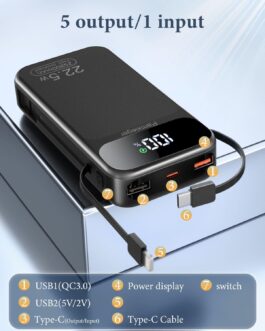 Power Bank 25,800 mAh, 22.5 W PD3.0 QC4.0 External Mobile Phone Battery Fast Charging LCD Display Power Bank with USB-C Cable USB C Outputs & Inputs Portable Charger for Smartphone Tablets and More