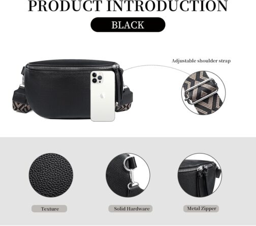 ER.Roulour Shoulder Bag Bum Bag Women's Soft Leather Belt Bag Waist Bag with Wide Strap and Coin Crossbody Bag, black, Retro – Bild 2