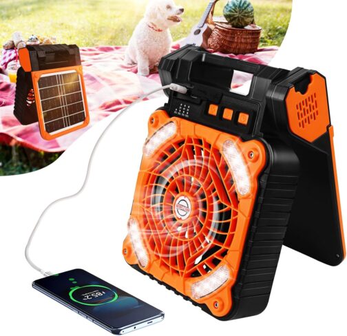 Kihhvlo Solar Camping Fan with LED Lantern & USB-C - 4 in 1 Portable Table Fan 90° Rotation, 4 Speeds for Tent, Office, Bedroom and Outdoor