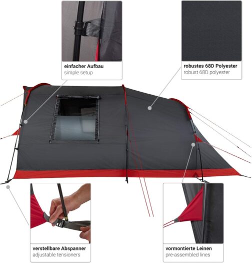 Justcamp Atlanta 3, 5 or 7 Person Family Tent - Tunnel Tent with Standing Height Including Canopy & Floor, Entrance with Fly Screen - Camping Tent Large, Spacious, Waterproof - Ideal for Camping & – Bild 4