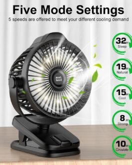 Minthouz Table Fan with Clip, 8000 mAh USB Fan, 5 Speeds Portable Mini Fan, Low Noise Ceiling Fan, Ideal for Outdoor Camping/Pram/Home/Office