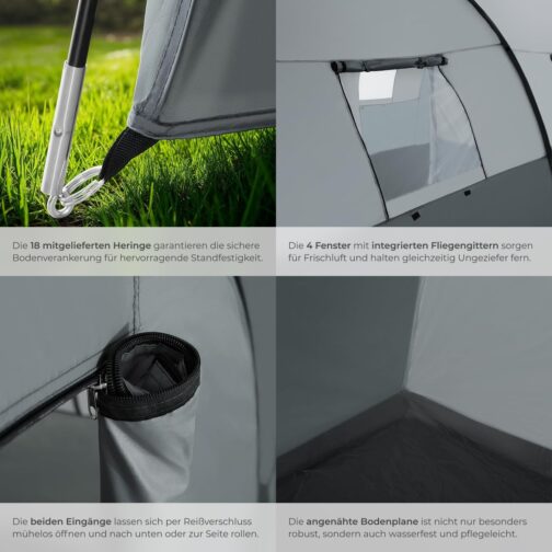 tectake® Tunnel Tent, 6 People, Family Tent, Large Tent with Awning and Groundsheet, UV Protection, Camping Tent with Carry Bag, 350 x 480 x 195 cm, Dark Grey/Light Grey – Bild 4