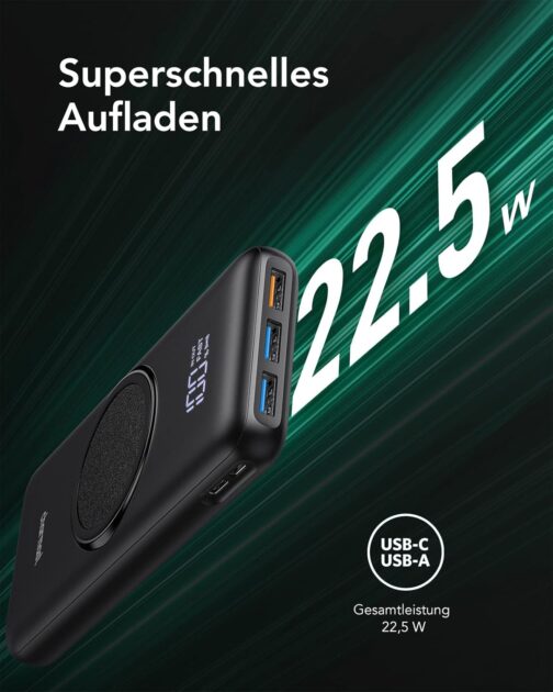 Charmast Power Bank, Wireless Powerbank 20000mAh Induktives Laden Kabellose Ladegerät, 22,5W PD/QC 3.0 Externe Handyakkus mit LED Display Kompatibel mit iPhone 16 15 14 13 12 Pro max Samsung Huawei – Bild 5