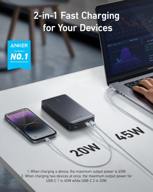 ANKER 537 Power Bank (PowerCore 24K for Laptop), 24,000 mAh 65 W, Mobile Charger for MacBook Pro, Dell XPS, Microsoft Surface, iPad Pro, iPhone 16/15/14/13 Pro, iWatch Series 5 and More (Black) – Bild 5