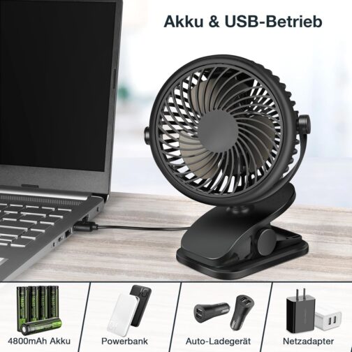 GMGXX USB Fan, Portable 4800 mAh Battery Fan, Mini Fan with Clip & 3 Speeds, 720° Rotating Fan, Quiet for Bedroom, Office, Car, Camping, Pushchair – Bild 4