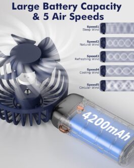 Handheld Fan, Portable Mini Fan, Rechargeable, Small Pocket Fan with 5 Speed Levels, Integrated 4200 mAh Batteries, Foldable USB Fan for Office, Outdoor Use