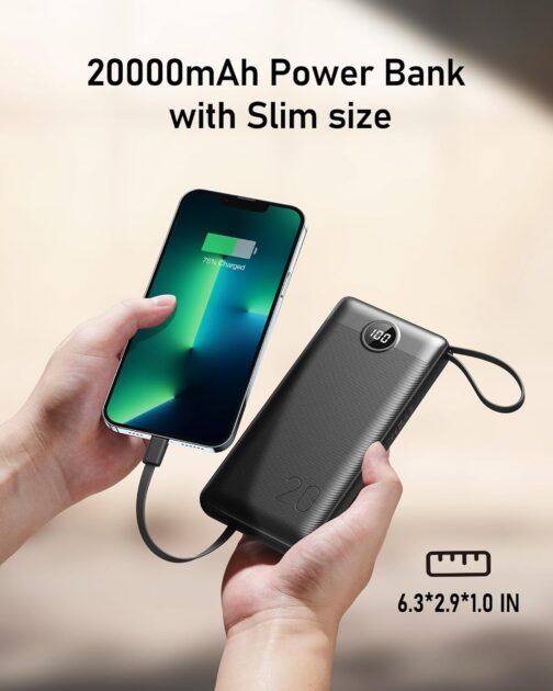 VEEKTOMX Powerbank 20000 mAh with Cable USB C Portable Charger 5 Outputs LED Display External Mobile Phone Batteries Compatible with iPhone, iPad, Samsung, Huawei, Xiaomi, OnePlus etc. – Bild 3