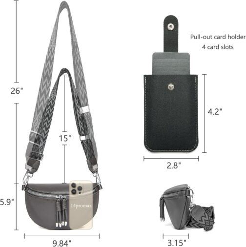 Atgbiem Shoulder Bag Women's Bum Bag Women's Stylish Crossbody Bag Women's Wide Strap Dark Grey with Credit Card Holder – Bild 3