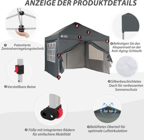 Gazebo 3 x 3 Waterproof Stable Winterproof with 4 Side Panels, Pop Up Garden Gazebo UV Protection 50+, Party Tent for Outdoor Camping, 3-Way Height Adjustable, Gazebo with Carry Bag – Bild 4