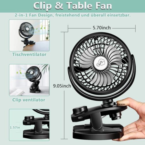 Improved Mini USB Clip Fan with 5000 mAh 2-in-1 Table Fan Clip Fan, Car Oscillating Quiet Continuous Speed USB Rechargeable Portable Fan for Office Camping Diameter 14.5 cm – Bild 3
