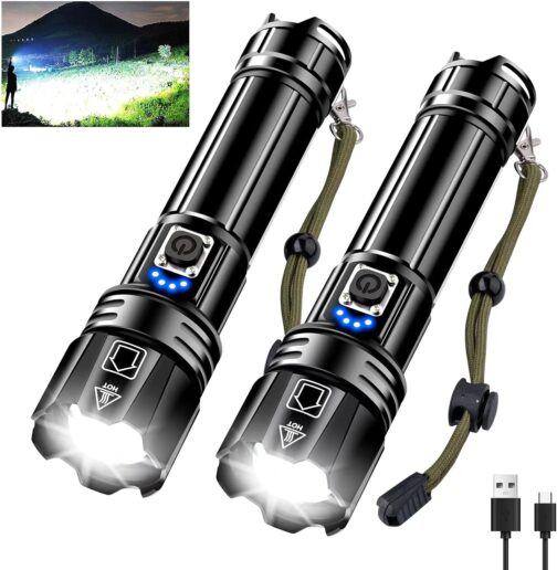 Glarylight XHP70.2 LED Rechargeable Torch 500000 Lux LED Torch Extremely Bright with 5 Modes & Zoomable & IPX7 Waterproof, Strong Torches for Camping, Hiking, Emergencies (Pack of 2)