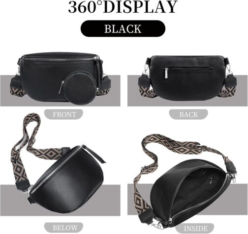 ER.Roulour Shoulder Bag Bum Bag Women's Soft Leather Belt Bag Waist Bag with Wide Strap and Coin Crossbody Bag, black, Retro – Bild 4