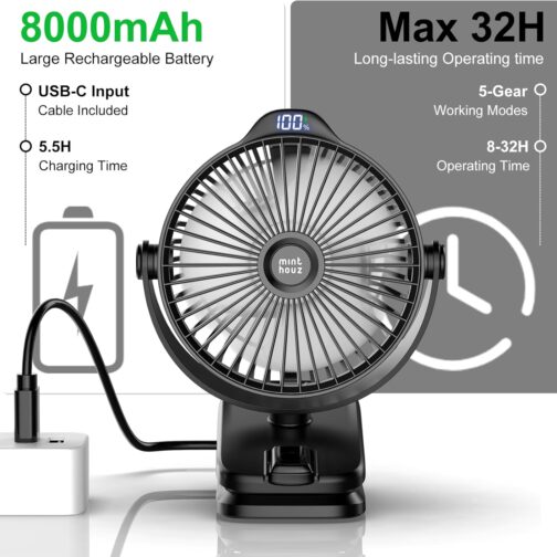 Minthouz Table Fan with Clip, 8000 mAh USB Fan, 5 Speeds Portable Mini Fan, Low Noise Ceiling Fan, Ideal for Outdoor Camping/Pram/Home/Office – Bild 3