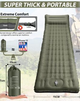 Camping Sleeping Mat, Self-Inflating, 12 cm Thickened Inflatable Mattress, Small Pack Size, Waterproof Air Mattress Outdoor with Foot Press Pump and Pillow, Anti-Ripstop Sleeping Mat for Hiking and