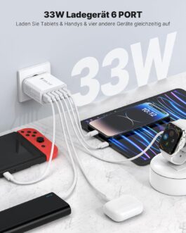 USB Charger, 6 Ports Charging Adapter, 33 W Adapter Charging Plug with QC 3.0 Quick Charger, Multiple, USB Plug Power Supply for iPhone 16 15 14 13 12 11 Pro Max, iPad, Mobile Phone Socket Charger