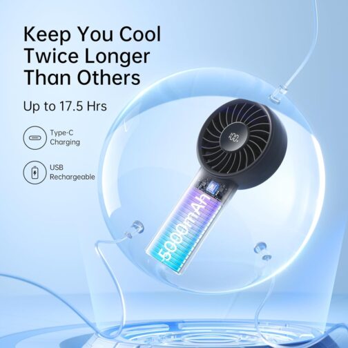 JISULIFE Handheld Fan, 5000 mAh Battery, Improved Portable Fan with Strong Wind, USB Rechargeable Mini Handheld Fan with Digital Display, Ideal for Travel/Beach/School (Black) – Bild 4