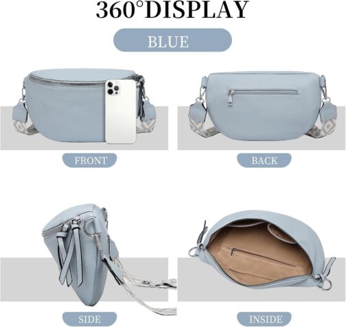 ER.Roulour Shoulder Bag Bum Bag Women's Soft Leather Belt Bag Waist Bag with Wide Strap and Coin Crossbody Bag, blue, Retro – Bild 3