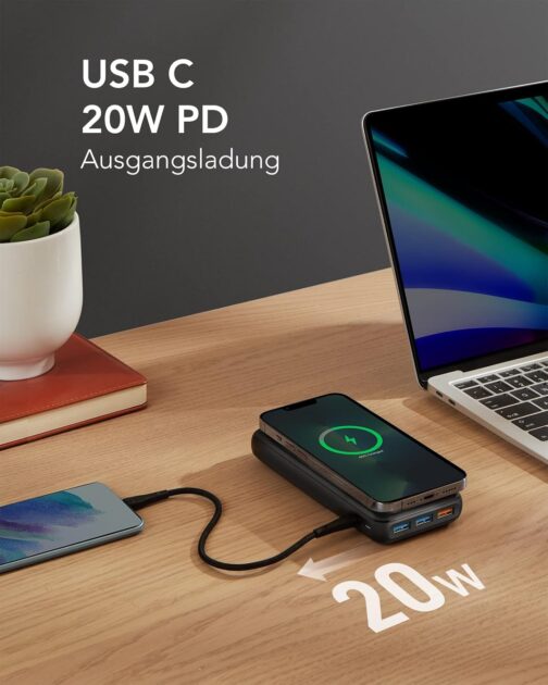 Charmast Power Bank, Wireless Powerbank 20000mAh Induktives Laden Kabellose Ladegerät, 22,5W PD/QC 3.0 Externe Handyakkus mit LED Display Kompatibel mit iPhone 16 15 14 13 12 Pro max Samsung Huawei – Bild 3