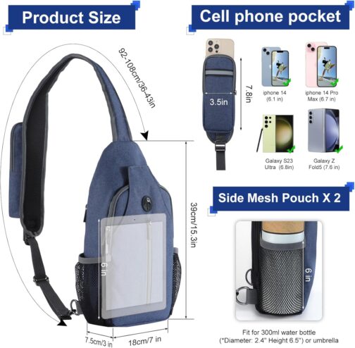 Chest Sling Bag Backpack Shoulder Bags for Men and Women, Adjustable Anti-Theft Shoulder Bag for Hiking, Cycling, Travel or Multipurpose Day Packs, Blue, Designer, blue, Designer – Bild 4