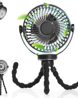 Simpeak Camping Fan, Table Fan, Mini USB Fan, Quiet, 5200 mAh Battery Fan with LED Light, Adjustable Tripod, 3 Speeds, 720° Rotation, Black