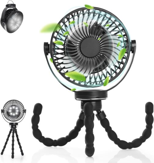 Simpeak Camping Fan, Table Fan, Mini USB Fan, Quiet, 5200 mAh Battery Fan with LED Light, Adjustable Tripod, 3 Speeds, 720° Rotation, Black