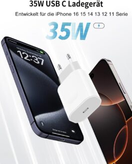 iPhone 16 16e 15 14 13 12 11 Charger, 35 W USB C Adapter for iPhone 16 15 Pro/16 15 Pro Max/16 15 Plus/14 Pro Max/13 12 Pro Max, USB C Power Supply Plug Charger Plug Charger Power Plug Quick Charger