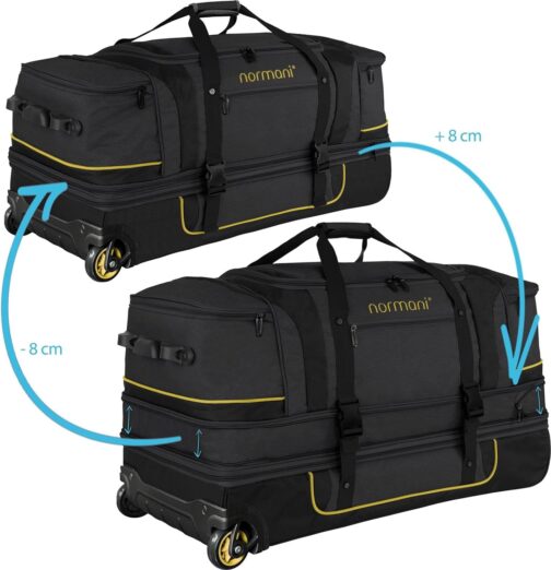 normani Travel Bag 2-Wheel Trolley 120-150 Litres Soft Luggage Travel Bag with Wheels and 6 Compartments - Expandable Travel Trolley - Roller Bag Sports Bag 81 x 39 x 39/47 cm, black/yellow – Bild 3