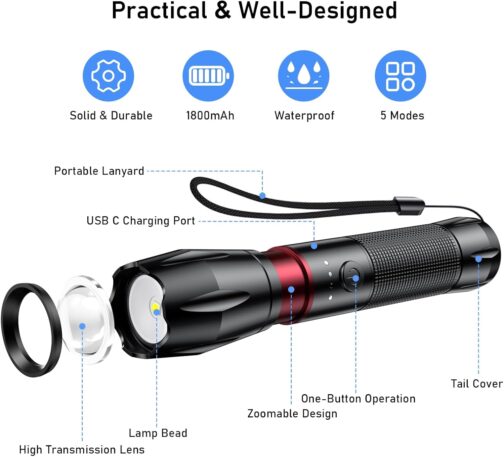 Blukar LED Torch Rechargeable, 2000 Lumens, Extremely Bright Zoomable Torches with 5 Light Modes and Long Operating Time, IPX6 Waterproof Hand Lamp for Camping, Hiking, Fishing, Outdoor, Emergency – Bild 9