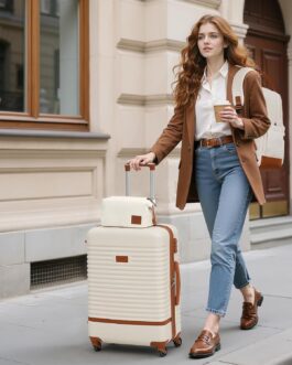 COOLIFE Suitcase Trolley Suitcase Travel Suitcase from ABS Hard Shell Trolley 4 Wheels TSA Lock The Suitcase Includes 1 Travel Backpack and 1 Toiletry Bag, white/brown, Exquisite Casual Travel Set