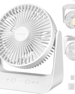HONEYYEAR USB Fan with Thermostat Function, 5000mAh Battery, 5-Stage Airflow, LED Light & Hanger – Ideal for Home, Office and Travel