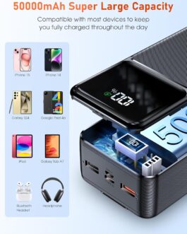 50,000 mAh Power Bank with 2 Cables: Quick Charge Power Bank 22.5 W USB C 5 Output & 2 Input External Mobile Phone Batteries with Large Capacity and LED Display Compatible with Mobile Phone Tablet