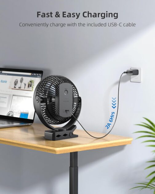 Koonie 10000 mAh Clip Fan, 20 cm Portable USB Fan Grow with Battery, 4 Speeds & 360° Rotation, Quiet Wall Fan, Table Fan for Home, Office, Pram, Camping, Grow Tent – Bild 7
