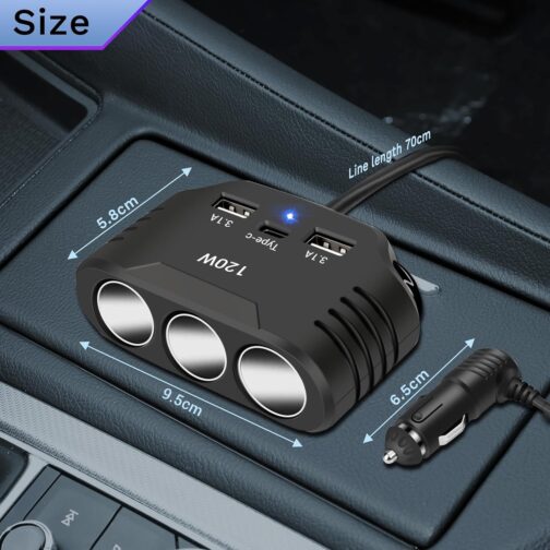 12 V USB Splitter 120 W Car Cigarette Lighter Adapter Car Charger 3 Multiple Socket Splitter DC 24 V Plug Charging Cable with 3 USB Ports for Mobile Phone Seat Heating GPS DashCam Sat Nav – Bild 2