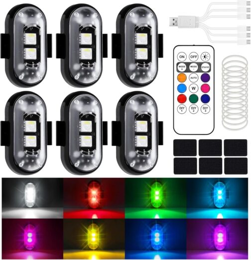 YESLUSY Pack of 6 Wireless LED Lights Cars, Waterproof Car Anti-Collision Lights with Remote Control, 8 Colours USB Charging Flash Light for Motorcycle, RC Car, Bicycle, Drone, Truck