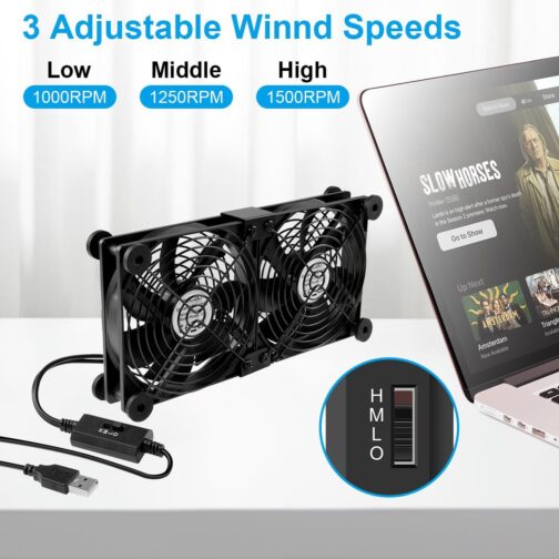 ELZO 2 in 1 Dual USB Fan 120 mm 5 V, Double USB Fan 120 mm PC Computer Fan with 3 Adjustable Speeds 12 cm with 8 Shock Absorbing Feet for PS5 PS4/Laptop/TV Box/Router – Bild 2