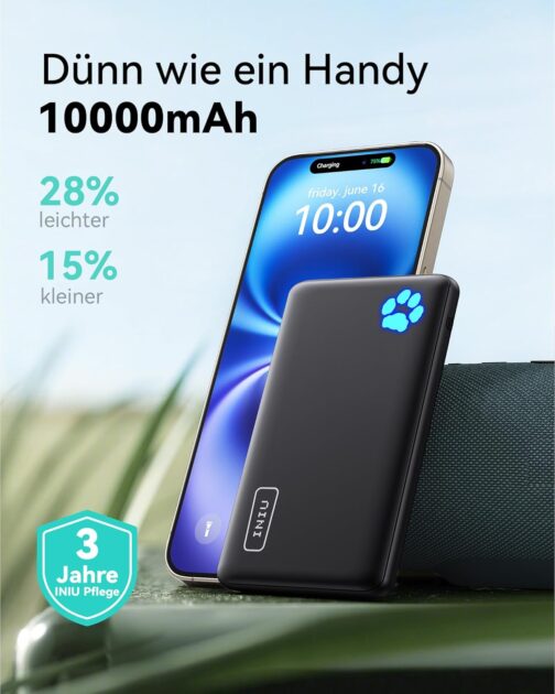 NIU Power Bank, Ultra-Thin USB C 10000 mAh External Battery, Three 3A Outputs Mobile Phone Power Bank with Torch for iPhone, Samsung, Galaxy, Huawei, Oneplus, Xiaomi, Google, iPad, Airpods, Android and More – Bild 2