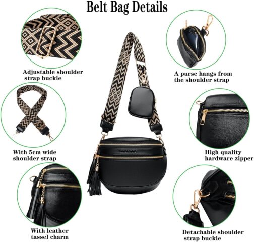 KUNKUN Bum Bag Women's Stylish Crossbody Bag Women's Wide Strap 5 cm Vegan Leather Shoulder Bag Chest Bag Black with Coin Purse, black, bum bag – Bild 5