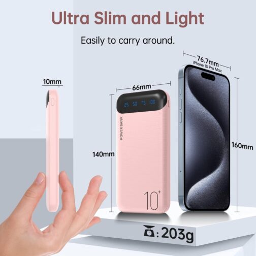 Power Bank 10000 mAh Mobile Phone Portable Charger External Battery Pack with 2 USB 2.4A Outputs and USB C Input Compatible with Huawei iPhone 12 11 X iPad Samsung S20 Android Tablet (Pink, Large) – Bild 7