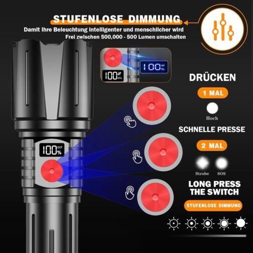 BEYSTE Torch LED Rechargeable 1000000 Lumens LED Torch Extremely Bright Military Very Bright Battery Torch USB C Strong Tactical Torch Waterproof for Outdoor Emergencies – Bild 2