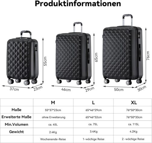 BEIBYE Trolley Suitcase, Travel Suitcase Set, Luggage Set, Suitcase Set, 4 Twin Wheels, Hard Case, black – Bild 5