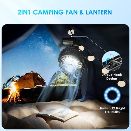 lynker Mini USB Clip Fan 10000 mAh, 12-40h, 3-in-1 Clip Fan Table Fan Hanging Fan with LED Light, Quiet Camping Fan, 360° Rotation, 3 Speeds for Office, Trips – Bild 4
