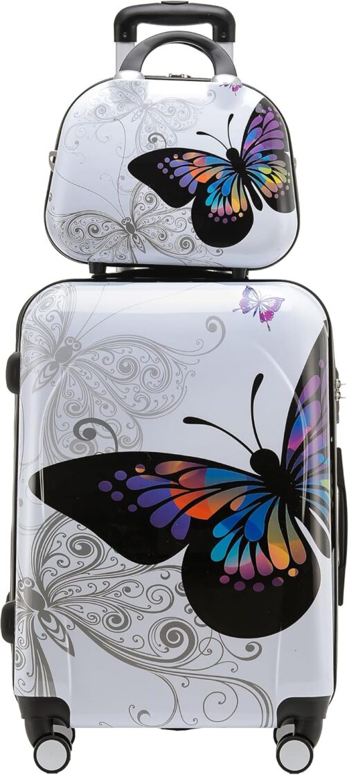 BEIBYE Butterfly 2060 TSA Lock 4-Piece Travel Suitcase Trolley - Robust Hard Shell Suitcase Set Including Hand Luggage and Beauty Case, Butterfly