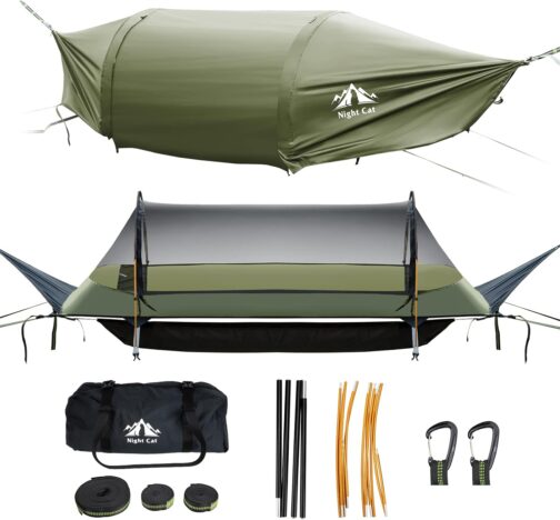 Night Cat Hammock Tent with Flat Base for 1 Person with Mosquito Net Waterproof Cover and Additional Storage Space Hiking Camping in the Garden Backyard Wild