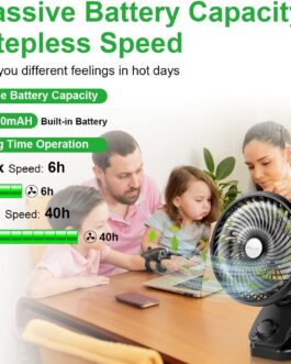 ELZO USB Fan, 5000 mAh Quiet Mini Table Fan Clip Fan, Auto Oscillating, 360° Rotation, Rechargeable Continuous Speed, Portable Fan for Office Pushchair, 17 cm Leaves
