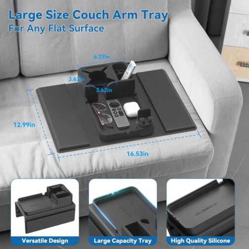 CLESOO Sofa Tray Armrest with Drink Holder, Non-Slip Sofa Tray with Two Side Pockets and Phone Holder, Silicone Anti-Spill Couch Organiser for Cup, Phone, Tablet, Snack, Black – Bild 8