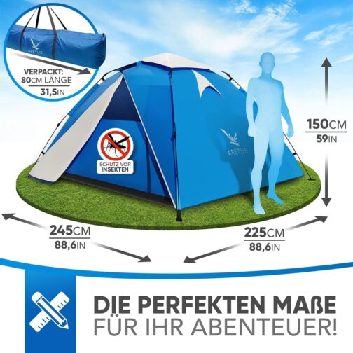 Aretus ® Eagle Tent Large Pop Up 2, 3, 4 Person Tent with Awning, Waterproof 2 Compartments Ventilated UV Protection for Camping Festival with 2 in 1 Function – Bild 5