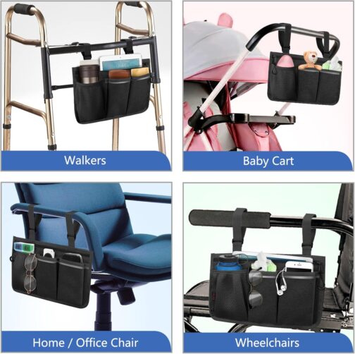 FINPAC Wheelchair Bag for Armrest - Wheelchair Bag with Reflective Stripes Wheelchair Bag with Name Card Compartment for Walkers, Mobility Scooters, Rollators (Black) – Bild 4